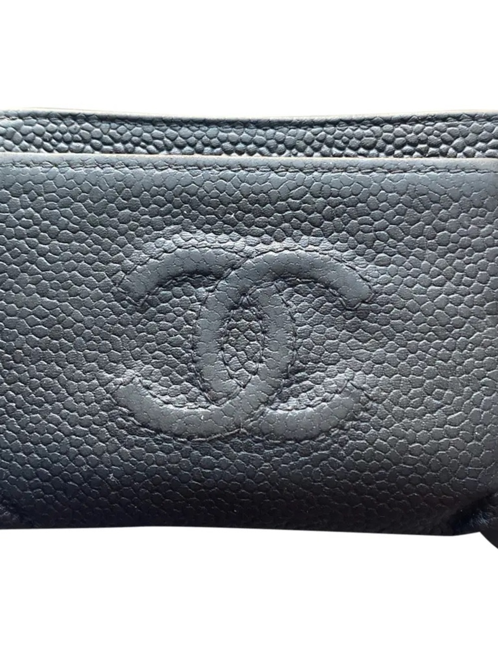 CHANEL Black Caviar Leather Card Holder with Embossed CC